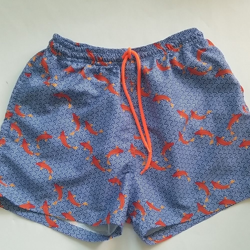 Fish Patterned Blue Wave Nautical Swim Trunk Size S